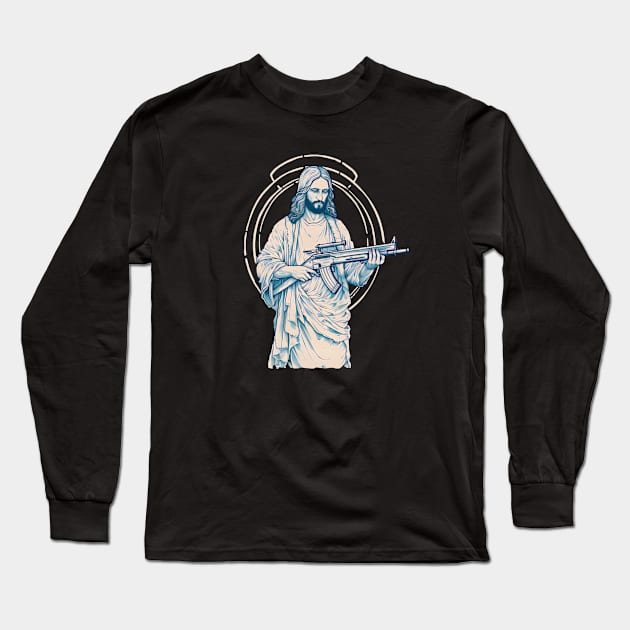 funny jesus holding rifle Long Sleeve T-Shirt by kakimonkey